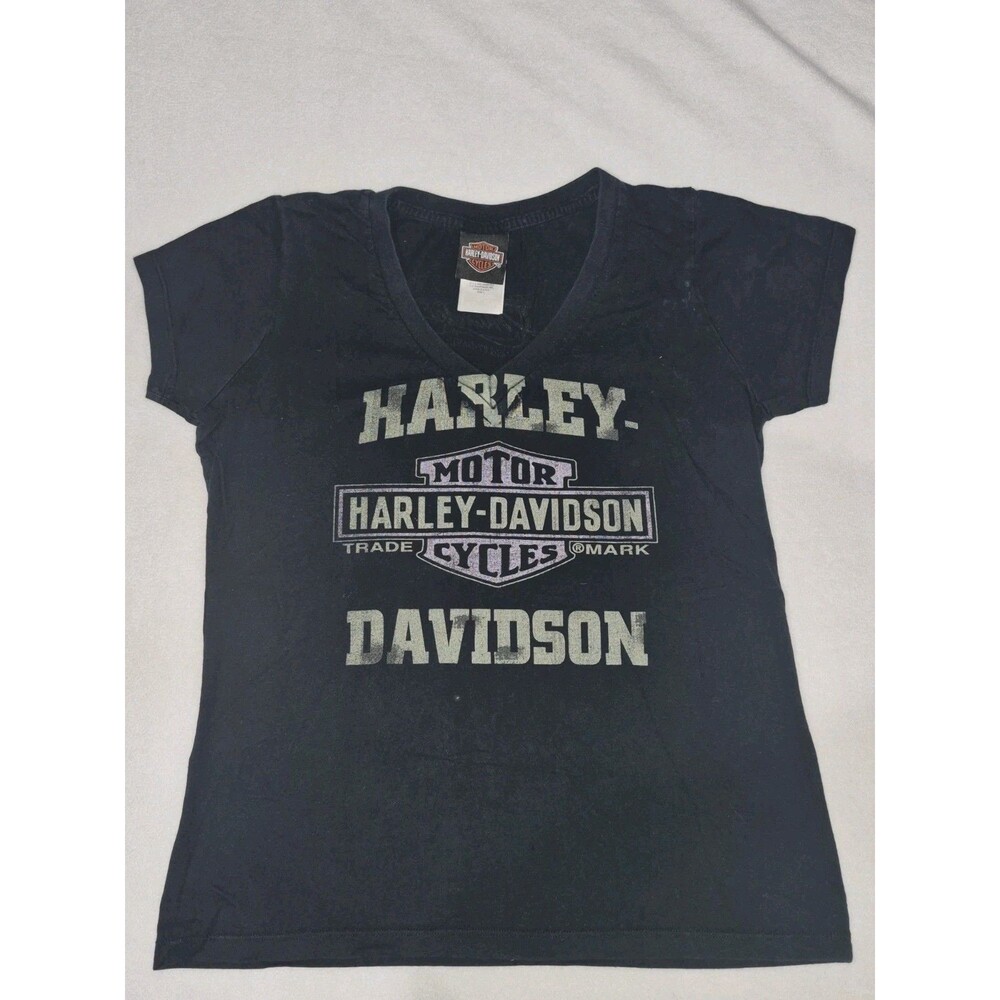 Harley-Davidson Women's L Black V Neck T Shirt Orlando Florida Graphic Tee